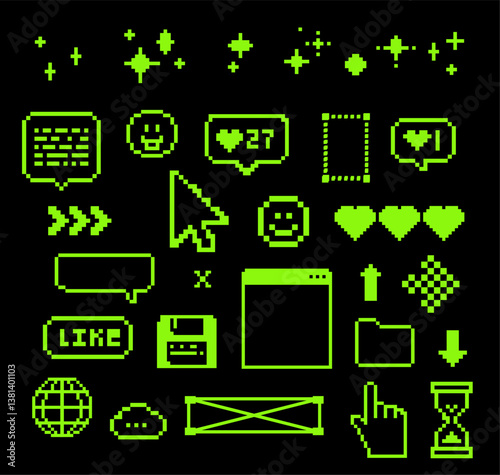 Pixels green elements set. Y2k stickers. Mood of 90's aesthetics. 8-bit retro style vector illustration. Black background. Simple geometric form, arrow, icon. Shapes for trendy y2k collage, poster.