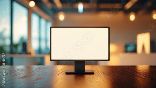 computer monitor with blank screen on wooden table in blurred background featuring coffee shop, orange bokeh from nature, and morning sunlight. vintage tone