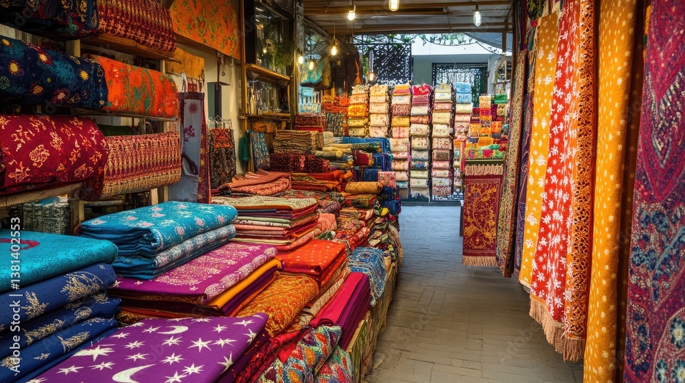 Fototapeta premium A vibrant textile stall full of crescent-embroidered tablecloths and festive napkins