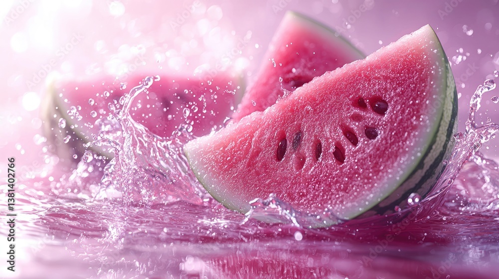 Fototapeta premium Pink Watermelon Slices in Water Splash
