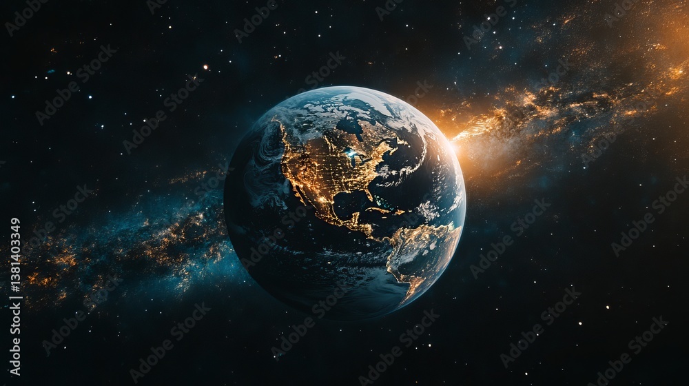 Obraz premium Earth from space showing north america illuminated at night with surrounding stars and nebula