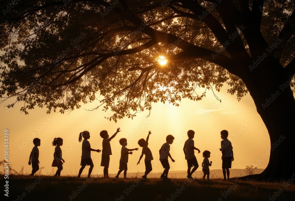 Fototapeta premium Children playing joyfully in silhouette under a large tree 