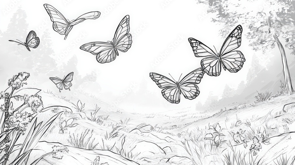 Fototapeta premium Elegant Collection of Butterflies in a Serene Nature Setting, Featuring Detailed Line Art of Various Species Against a Soft-Focused Background with Lush Vegetation