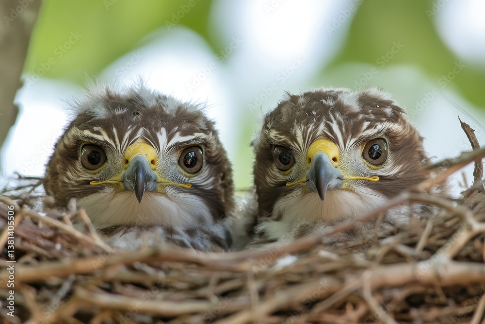 Fototapeta premium Common buzzard chicks in their nest showing curiosity in the wild, Common buzzard buteo buteo, in the wild Chicks in the nest
