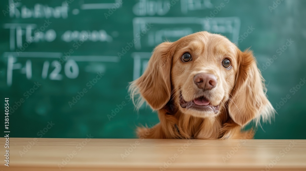 A cheerful golden retriever poses confidently in front of a classroom chalkboard, radiating warmth and joy while emphasizing an inviting educational atmosphere.