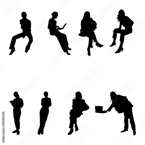 8 png silhouettes of people in sitting postures and standing	
