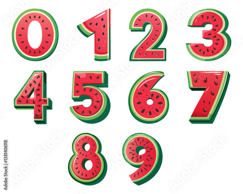Creative 3D Numbers from 0 to 9 Designed in a Watermelon Style for Unique Summer Themes. Vector illustration Set. Generative Ai