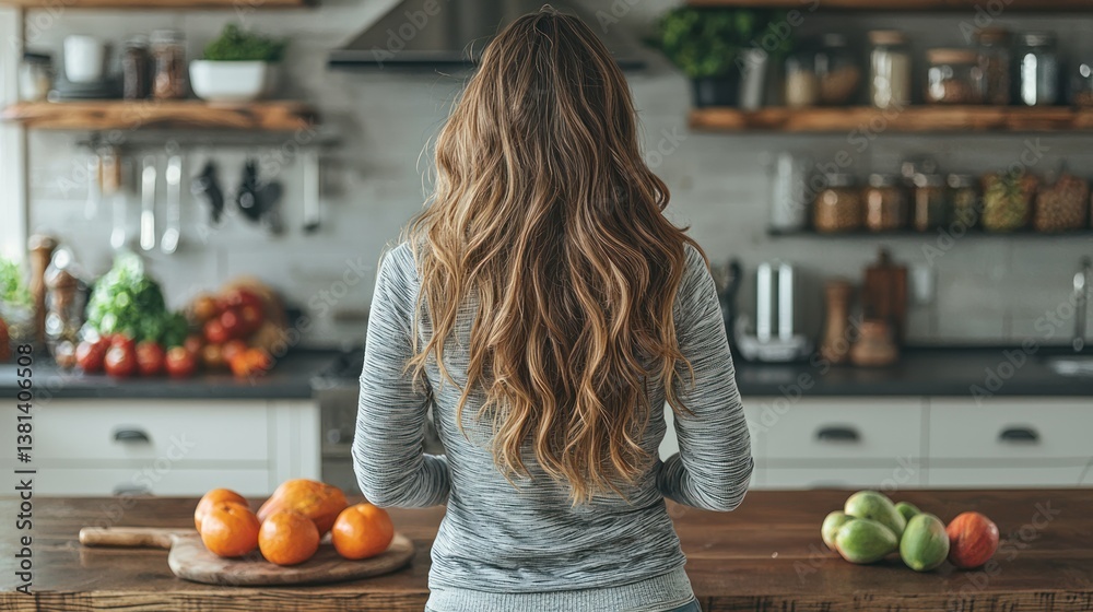 Fototapeta premium Woman in Modern Kitchen Contemplating Healthy Lifestyle Choices