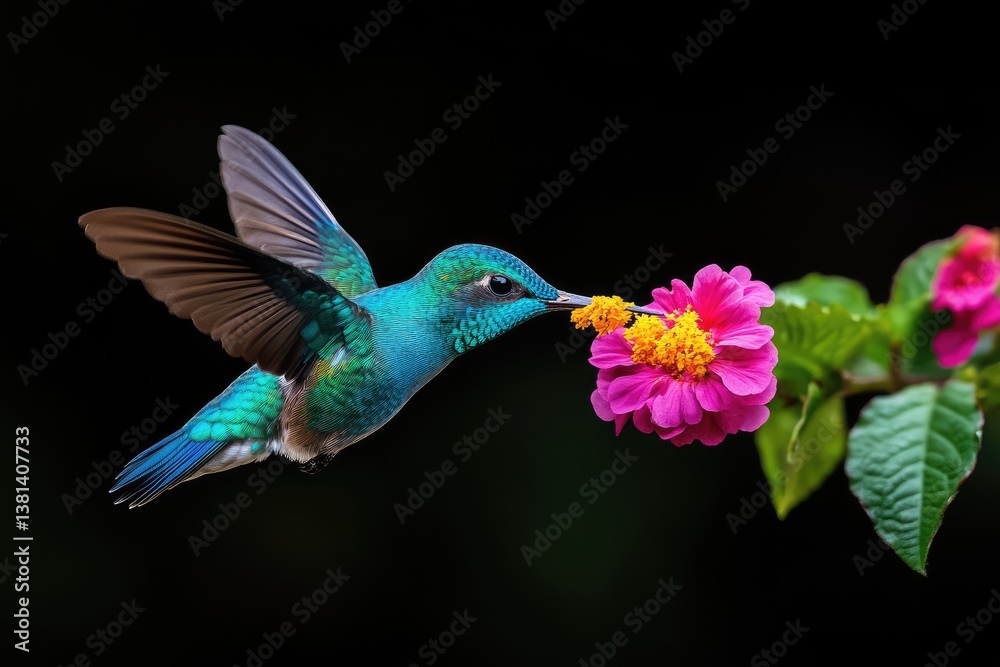 Fototapeta premium Vivid Hummingbird in Mid-Flight Feeding on Vibrant Pink Flower Against Black Background