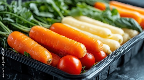 A colorful assortment of carrots, tomatoes, and greens arranged neatly in a tray, representing freshness and health, ideal for meal preparation and culinary creativity. photo