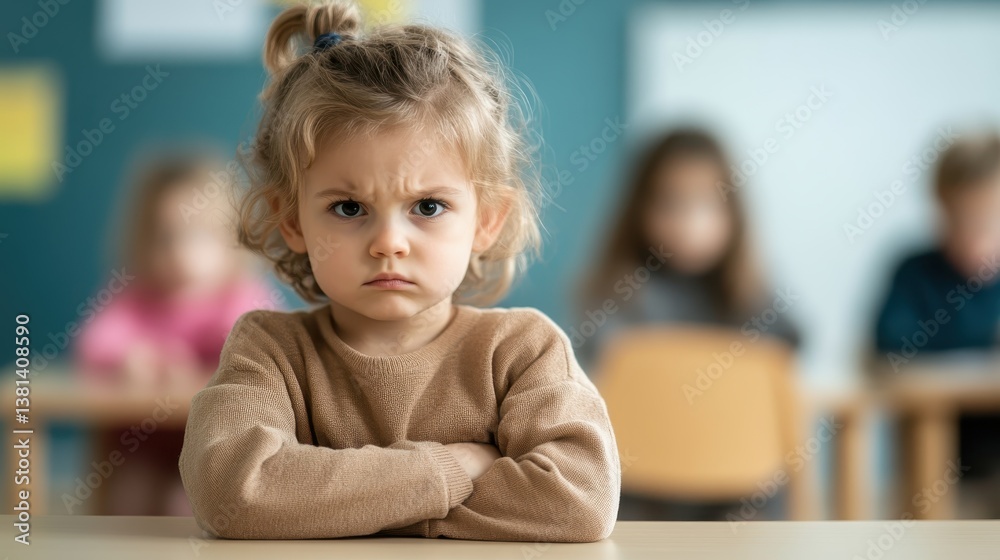 A close-up of a young girl with an upset expression sitting at a classroom desk, revealing her frustration and discontent amidst a blurred classroom background.