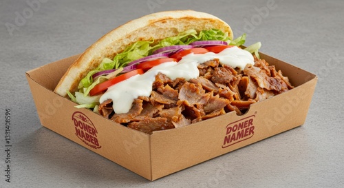 Doner Kebab Sandwich with Garlic Sauce, Tomato and Lettuce in Branded Box