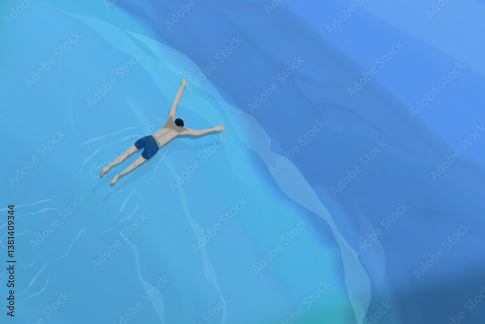 Naklejka premium illustration of a view from above of a man snorkeling in the sea