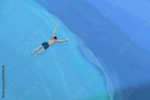 illustration of a view from above of a man snorkeling in the sea