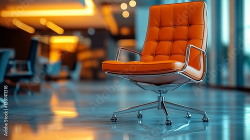 Bright Orange Chair on a Polished Floor in a Modern Office Setting During Eve...