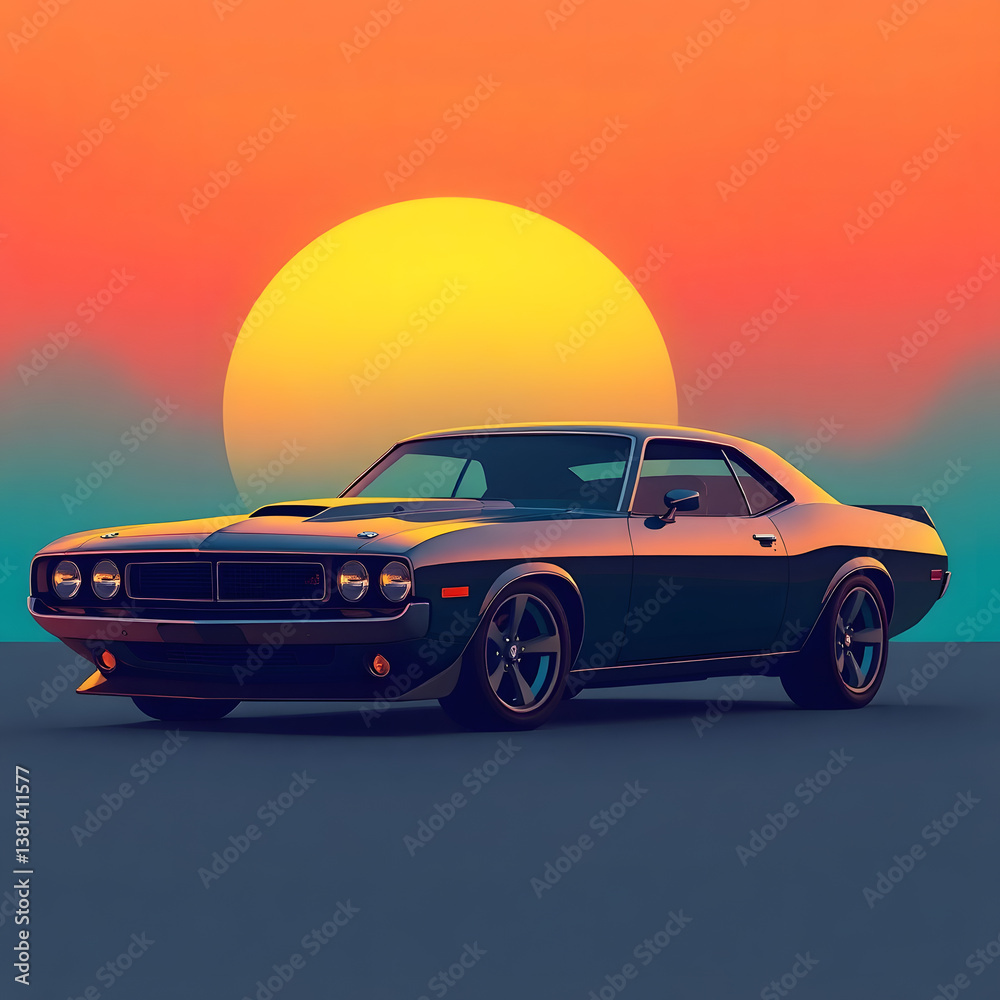 Fototapeta premium Abstract futuristic sci-fi style illustration, smooth gradient transition, sleek muscle car with glossy finish against a sunset art illustration design