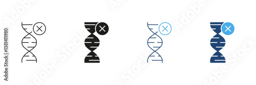 DNA Line and Silhouette Icon Set with Cross Symbol, Genetic Mutation or DNA Modification Issues in Biology and Chemistry. Editable Stroke. Isolated Vector Illustration