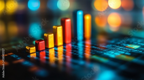 Colorful Bar Graph Illustrating Data Growth in a Modern Office During Evening...