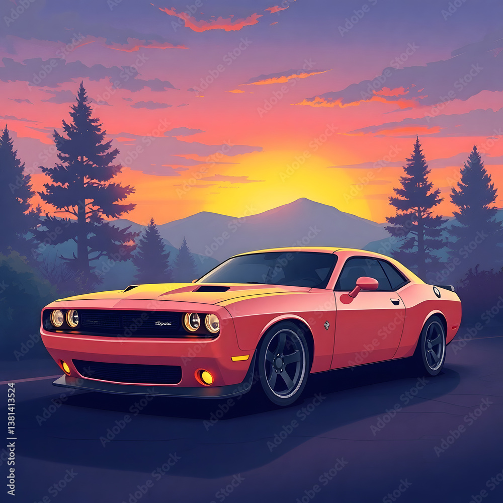Naklejka premium Abstract futuristic sci-fi style illustration, smooth gradient transition, sleek muscle car with glossy finish against a sunset art illustration design