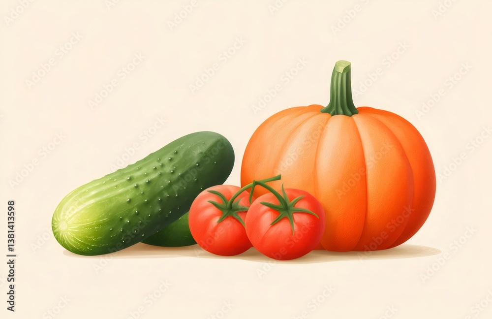 Fresh Pumpkin Cucumber and Tomato Display on Pale Beige Background in a Still Life Arrangement Fresh Pumpkin Cucumber and Tomato Display on Pale Beige Background in a Still Life Arrangement