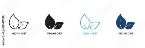 Vegan Diet Line and Silhouette Icon Set. Two Leaves Icon, Plant Based Nutrition and Healthy Lifestyle. Eco-Friendly Food Options. Editable Stroke. Isolated Vector Illustration
