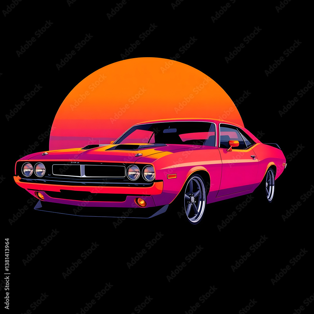 Obraz premium Abstract futuristic sci-fi style illustration, smooth gradient transition, sleek muscle car with glossy finish against a sunset art illustration design