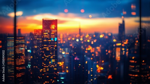 City Skyline Illuminated at Twilight With Orange and Blue Hues Reflecting off...