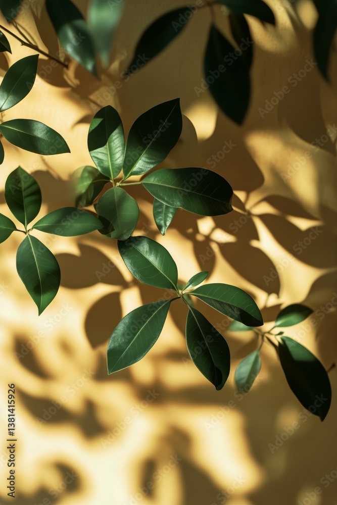 Obraz premium Green Leaves Casting Shadows on a Yellow Wall During Daylight in an Indoor Setting