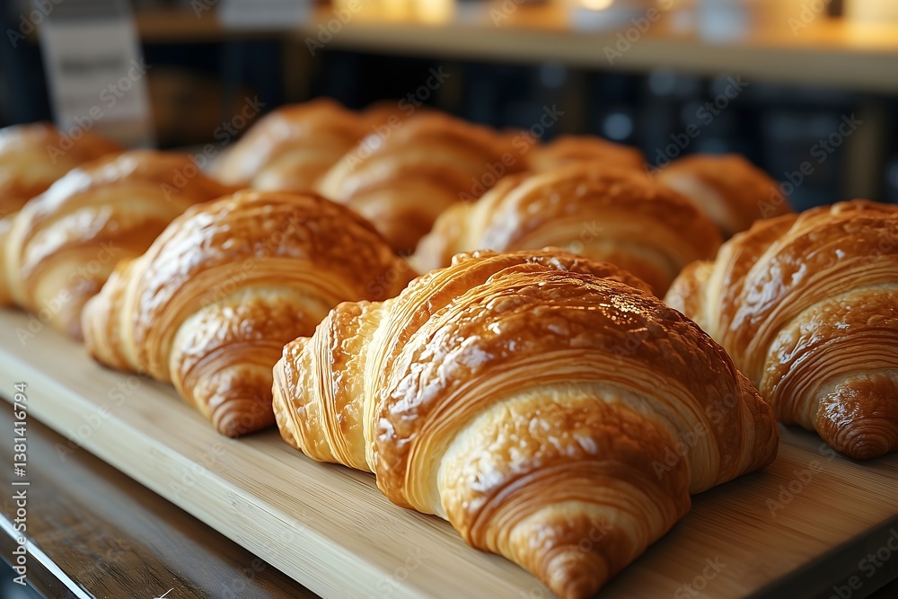 Freshly baked croissants arranged neatly on a wooden tray in a cozy bakery setting Freshly baked croissants arranged neatly on a wooden tray in a cozy bakery setting