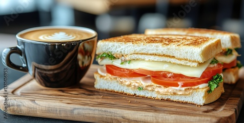 Fresh Sandwich and Coffee Served on Wooden Board in Cozy Cafe Setting