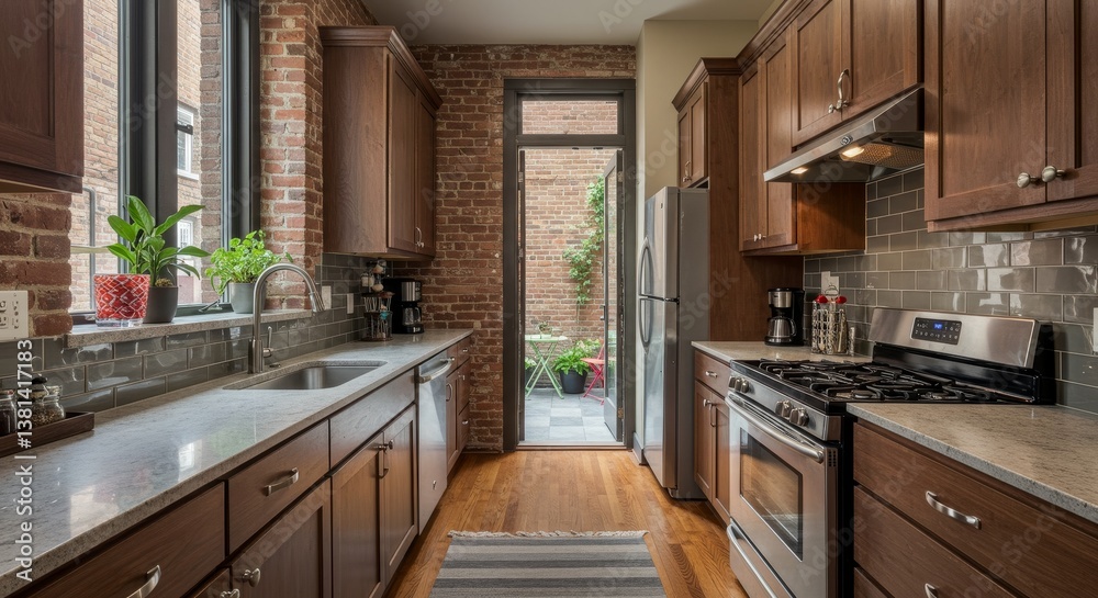 Fototapeta premium Cozy Urban Kitchen with Brick Walls and Outdoor Space - Charming urban kitchen, exposed brick, wooden cabinets, granite countertops, small patio, modern appliances. Symbolizes: urban living