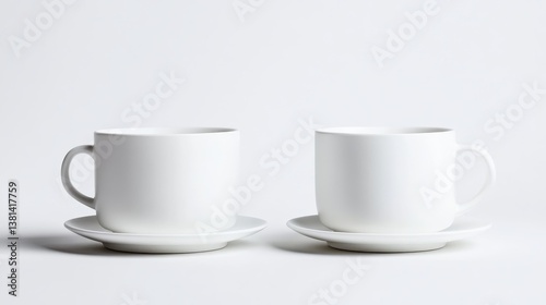 Wallpaper Mural A serene display of two minimalistic white cups placed on saucers against a plain background, showcasing simplicity and elegance in design and tableware. Torontodigital.ca