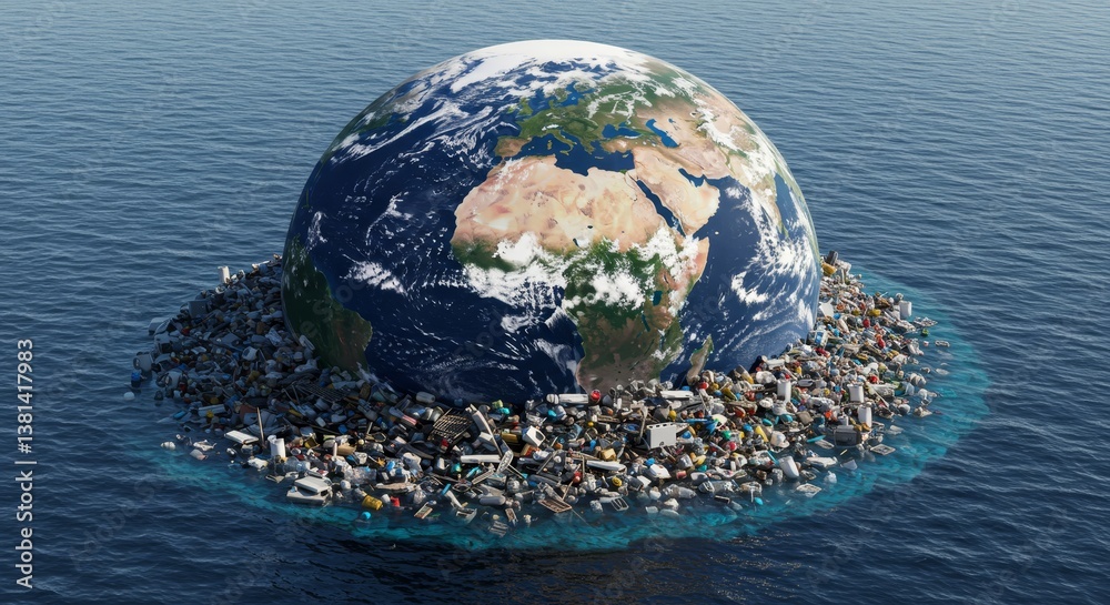 Fototapeta premium Planet Earth Drowning in Plastic Waste - Ocean pollution, environmental crisis, plastic waste, global warming, sustainability. A powerful visual representing the urgent need for change