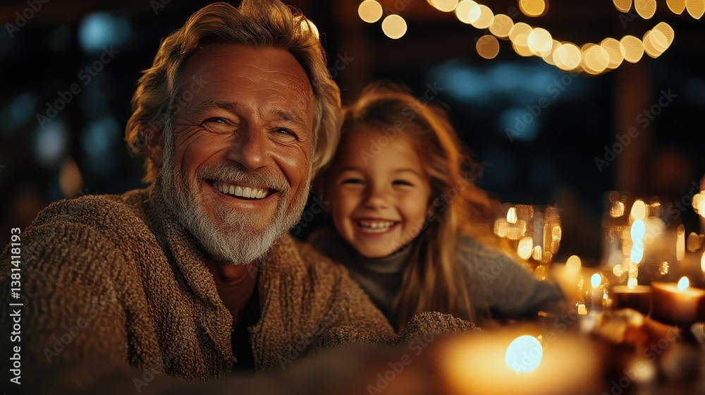 A cheerful grandfather and his granddaughter share a moment of joy, surrounded by candles, highlighting family bonds and happiness during a cozy outdoor gathering. A cheerful grandfather and his granddaughter share a moment of joy, surrounded by candles, highlighting family bonds and happiness during a cozy outdoor gathering.