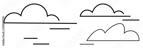 Black outlined clouds with minimalist horizontal lines suggesting movement and calmness. Ideal for weather, nature, tranquility, minimalism, air, technology, and abstract themes. Clean flat simple