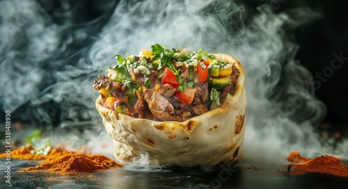 Delicious Burrito Filled With Grilled Meat and Fresh Vegetables With Smoky St...