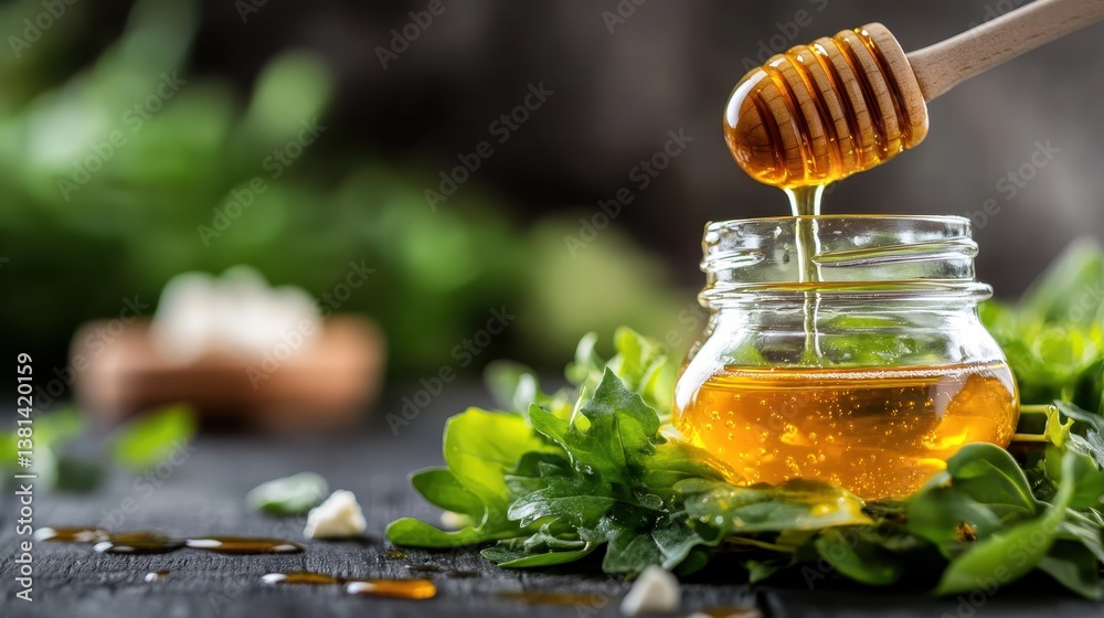 A close-up shot of honey being drizzled into a jar surrounded by fresh greens showcasing the beauty of simple, natural ingredients in a kitchen setting. A close-up shot of honey being drizzled into a jar surrounded by fresh greens showcasing the beauty of simple, natural ingredients in a kitchen setting.