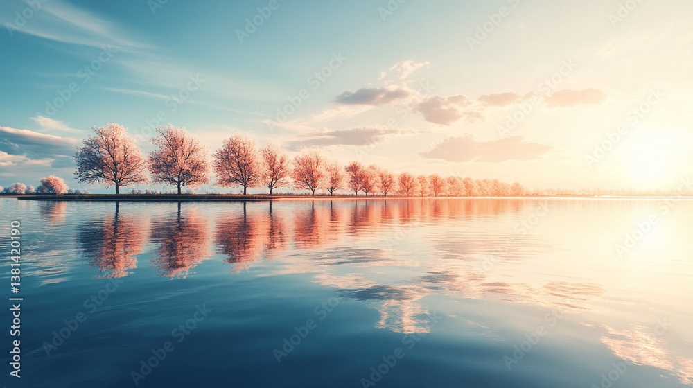 Obraz premium Pink trees reflecting in calm lake at sunset