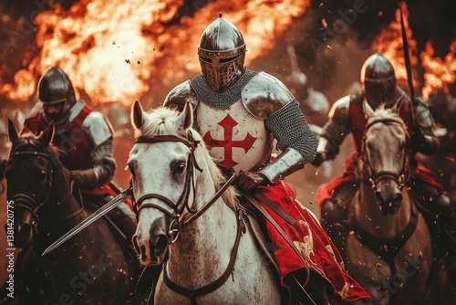 This picture presents a realistic and detailed image of horse-mounted knights in armor, showcasing their fluid and precise movements while engaging in a dynamic duel