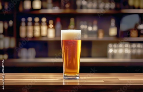 Chilled Beer in a Glass With Creamy Foam on the Bar at a Cozy Pub During Even...