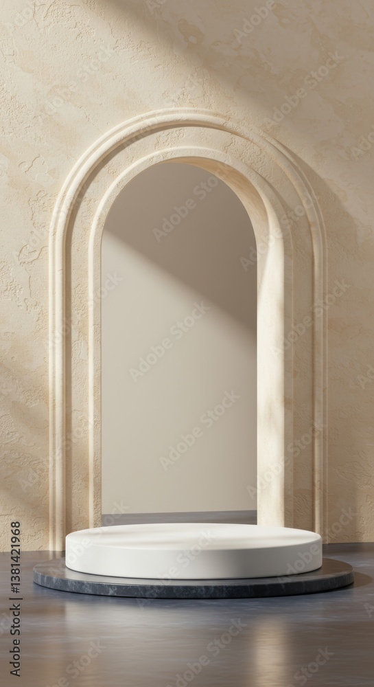 Minimalist podium scene featuring a stone archway and natural light effects