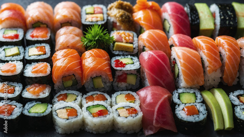 Delicious assortment of sushi and rolls arranged on a dark surface, showcasing a variety of flavors and textures