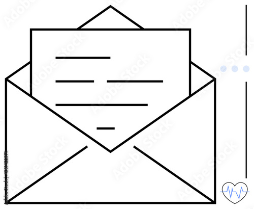 Open envelope containing a letter, paired with a small heart and heartbeat, representing communication, health awareness, and emotional connection. Ideal for messages, notifications, care, health