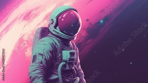 Vintage VHS-filtered cosmic scene featuring a classic astronaut on a ringed world amid pastel nebulas and stars, with lower-third text area