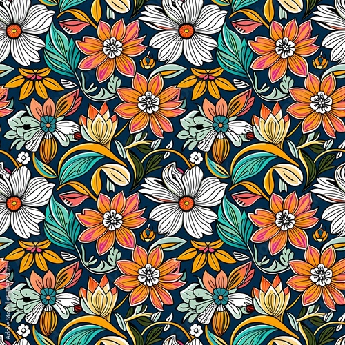 Wallpaper Mural A colorful floral pattern on a dark blue background. Torontodigital.ca