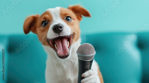 This delightful image features an adorable puppy joyfully holding a microphone, showcasing its playful and fun personality against a vibrant background.