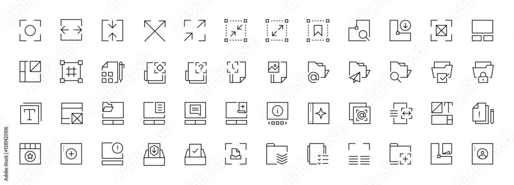 Web layout, UI/UX icons collection. User interface, essential, interface components, focus, generate, folder, screen, arrow and more. Editable stroke. Pixel perfect. Web layout, UI/UX icons collection. User interface, essential, interface components, focus, generate, folder, screen, arrow and more. Editable stroke. Pixel perfect.