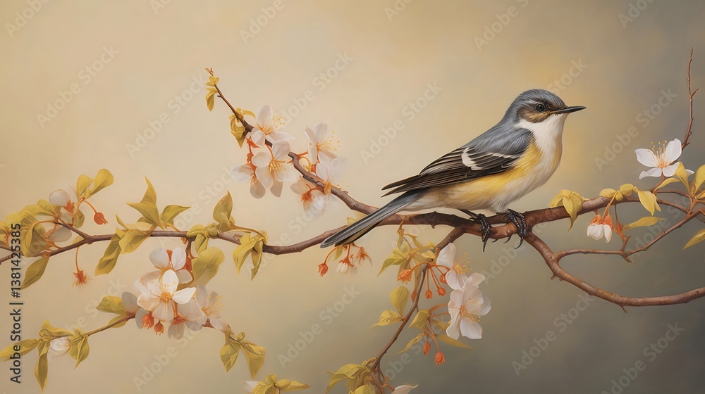 Small Grey and Yellow Bird Perched on Branch with White Blossoms in Spring Season with a Dreamy Aesthetic Small Grey and Yellow Bird Perched on Branch with White Blossoms in Spring Season with a Dreamy Aesthetic