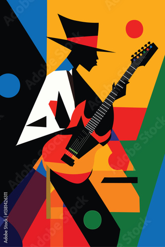 Abstract Jazz Guitarist Illustration.  The musician is shown playing an electric guitar, set against a dynamic background of red, yellow, green, and blue tones.