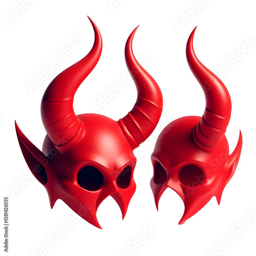3D Halloween red devil horns. Cutout satan character horns design element isolated on white background